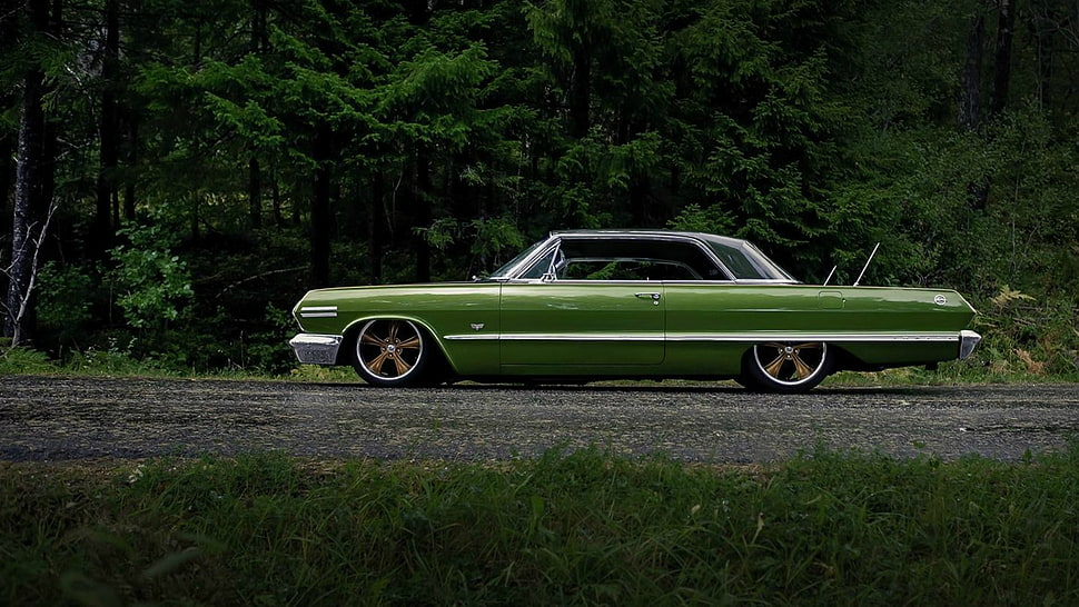 vintage green coupe, lowrider, car HD wallpaper