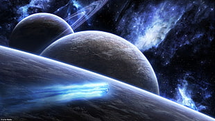 three planet and spaceship illustration HD wallpaper