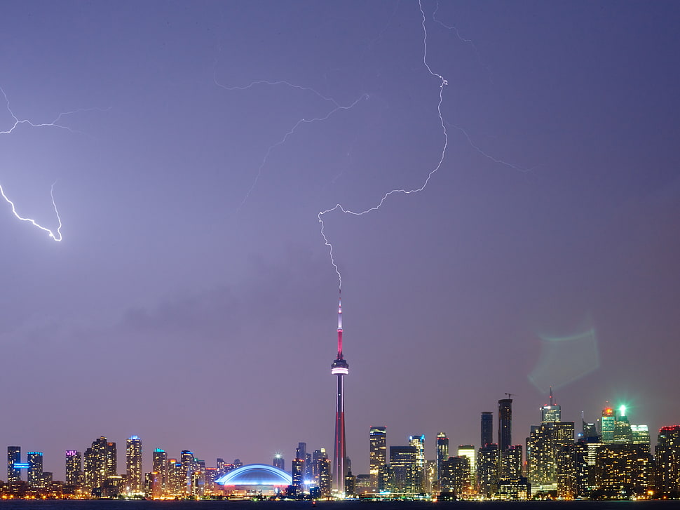 panoramic view of city buildings during night, cn tower HD wallpaper