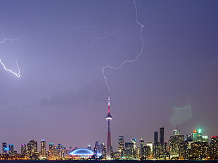 panoramic view of city buildings during night, cn tower