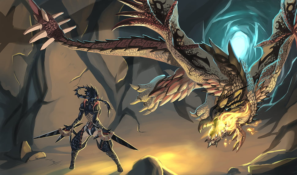 anime character and brown dragon illustration, Monster Hunter, dragon, Rathalos HD wallpaper
