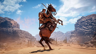 man riding on rearing brown horse