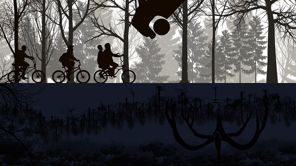 silhouette of four people riding bikes digital wallpaper, Stranger Things, Netflix, TV, bicycle HD wallpaper