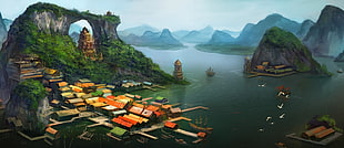 several islands with houses at daytime, artwork, landscape
