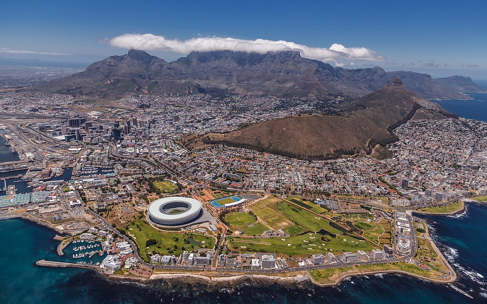 aerial photo of city skylines, cityscape, landscape, stadium, Cape Town HD wallpaper