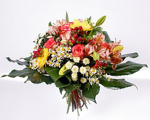 red, white, and yellow Rose, Daisy and Lily flower bouquet