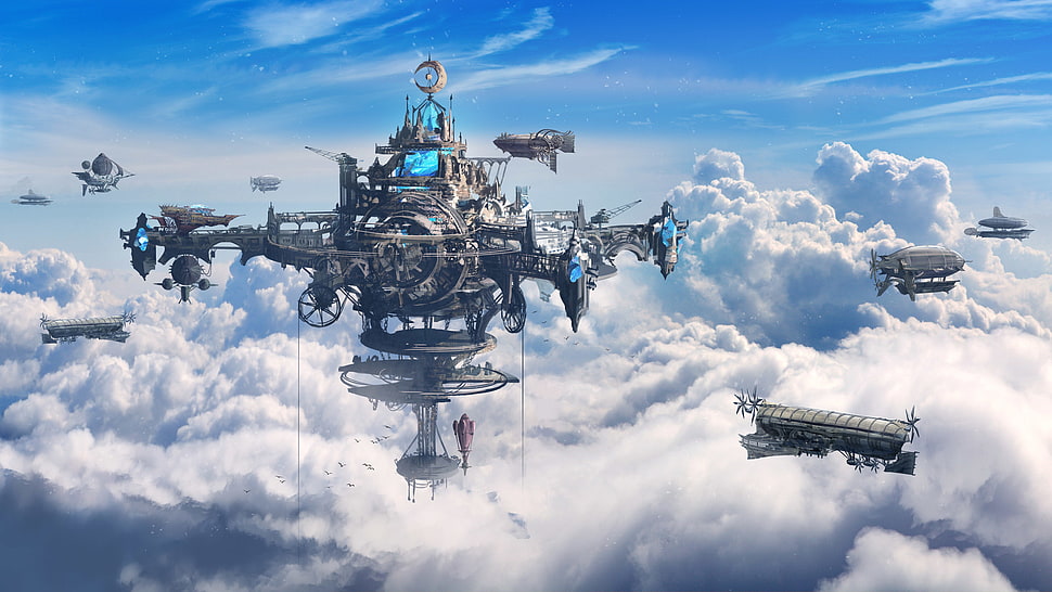 gray aircraft, artwork, clouds, steampunk HD wallpaper