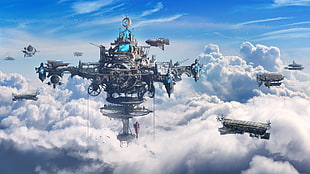 gray aircraft, artwork, clouds, steampunk