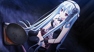 silver-haired girl anime character wearing black mini dress and black stockings kneeling near on gas cooktop and wok