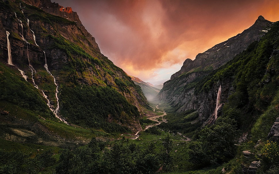 geren and brown mountain, nature, landscape, clouds, sunset HD wallpaper