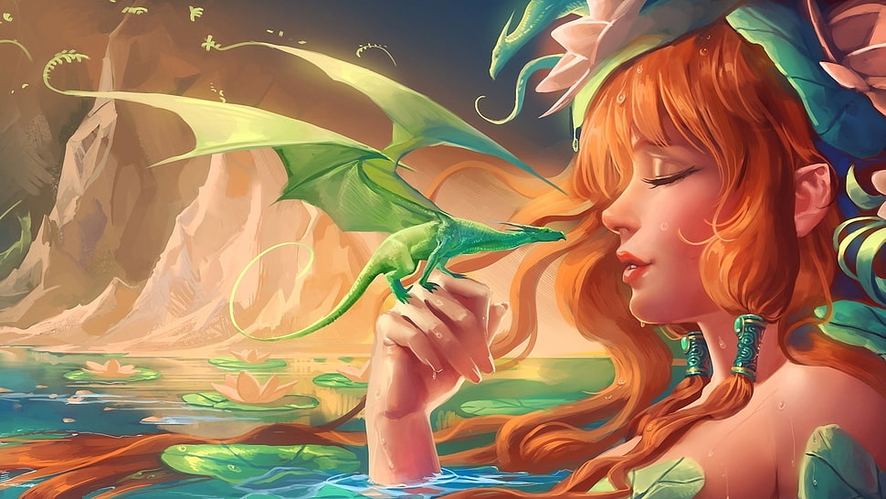 Fairy with dragon illustration HD wallpaper