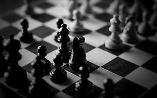 black and white chess board with pieces, chess, monochrome HD wallpaper