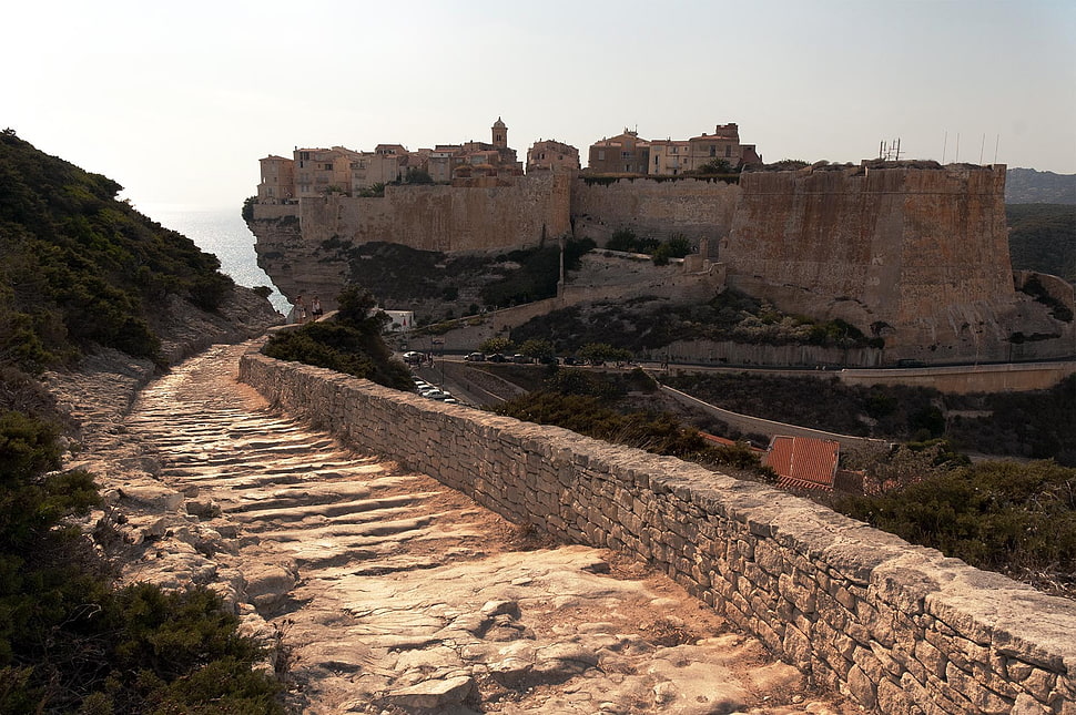 beige and gray concrete pathway, landscape, Corsica, France, bricks HD wallpaper