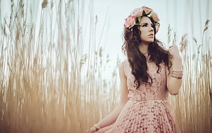 woman in pink lace sleeveless dress HD wallpaper