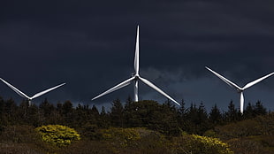 three white wind mills, nature, landscape, sky, clouds HD wallpaper