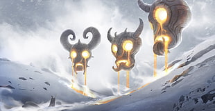 three skull illustrations, fantasy art, wizard, snow, mask