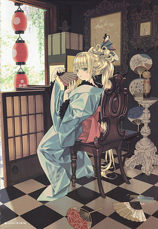 yellow haired female anime character sitting on chair
