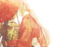 Kenshin Hemura and Kaoru Kamiya digital wallpaper, anime, traditional clothing, kissing, umbrella