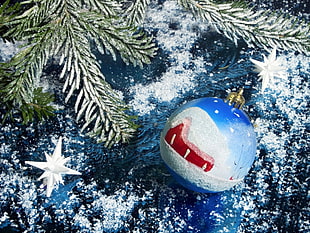 close up photo of blue and white Christmas onrnament