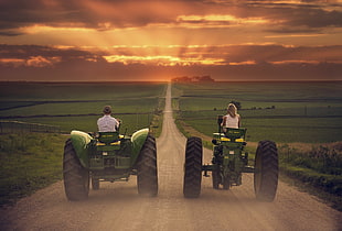 two green John Deere tractors, landscape, field, tractors, vehicle