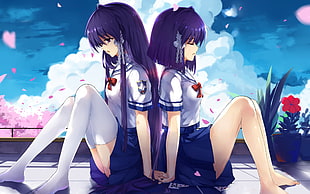 two purple haired female anime characters