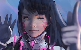animated female character illustration with text overlay, D.Va (Overwatch), WLOP, Overwatch