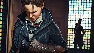 female wearing blue denim jacket character graphic wallpaper, Assassin's Creed Syndicate, Assassin's Creed, Ubisoft, Evie Frye