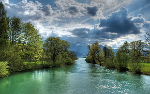 green body of water, landscape, water, river, clouds