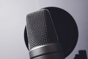close up photo of grey and black microphone with pop filter