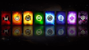 eight assorted-color logos against black background