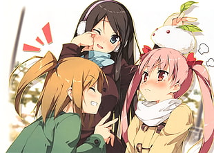 three anime female characters illustration