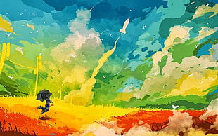 green, yellow, orange, and blue abstract painting, fantasy art, anime, rocket, umbrella
