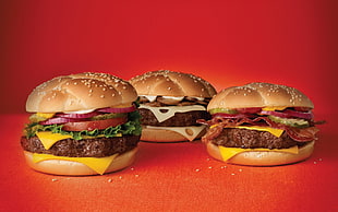 three hamburgers, burgers, food, lunch, hamburgers HD wallpaper