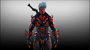 person wearing black and red armor