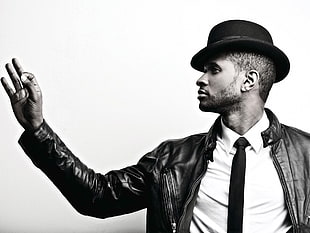 man wearing white collared shirt, black necktie, black leather zip-up jacket