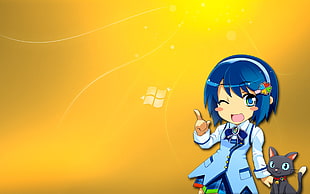female anime character wearing blue dress beside cat digital wallpaper
