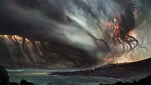 monster painting wallpaper, giant, tentacles, Eldritch
