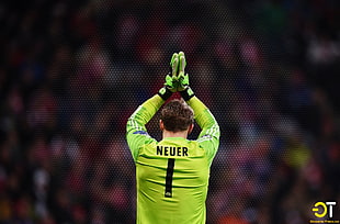 men's green Neuer 1 jersey, Manuel Neuer, soccer, men, arms up HD wallpaper