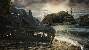 body of water, sailing ship, fantasy art, skull, dragon