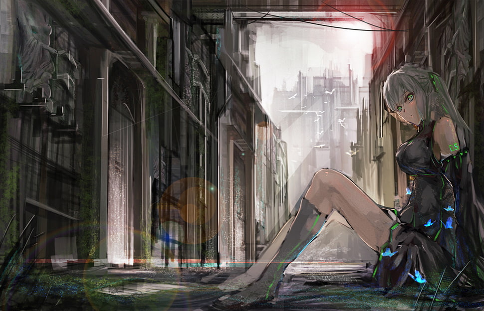 female anime character wearing black dress leaning on building digital wallpaper, green eyes, teal hair, detached sleeves, knee-highs HD wallpaper