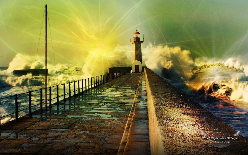 concrete dock, lighthouse, digital art, sea HD wallpaper