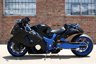 black and blue sports motorcycle inside building HD wallpaper
