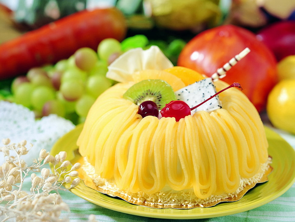 yellow fruit cake with cherry , dragon fruit and kiwi HD wallpaper