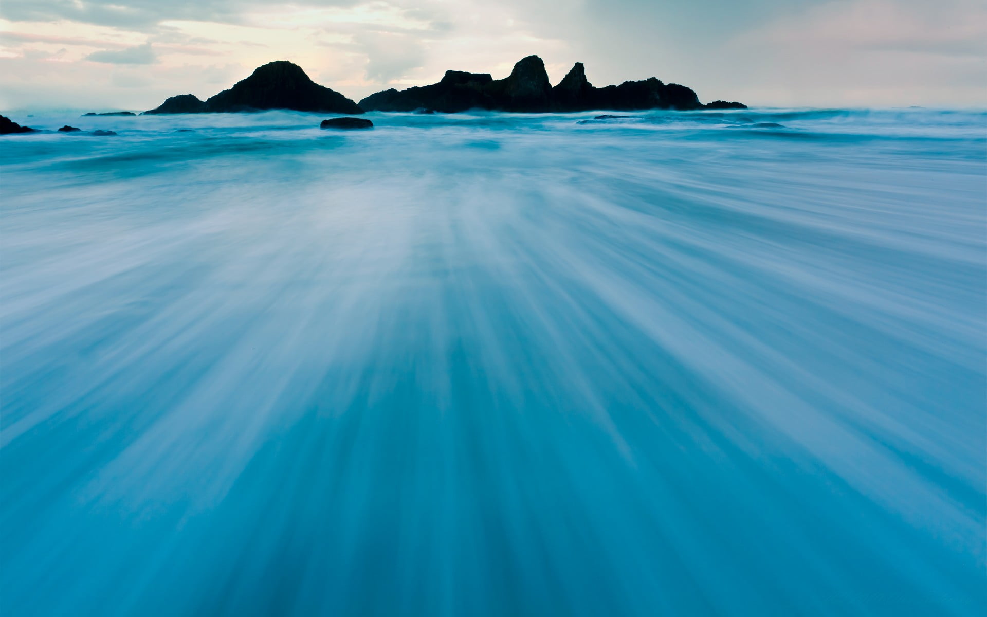 silhouette of mountains, beach, landscape, sea, long exposure