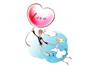 bride and groom with pink balloon love illustration HD wallpaper