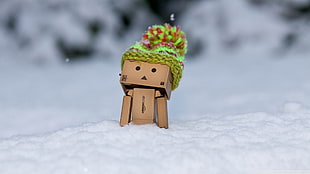Danbo illustration, Danbo, snow, woolly hat