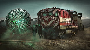 red train, science fiction, train, vehicle