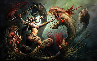 woman holding spear with hydra digital wallpaper