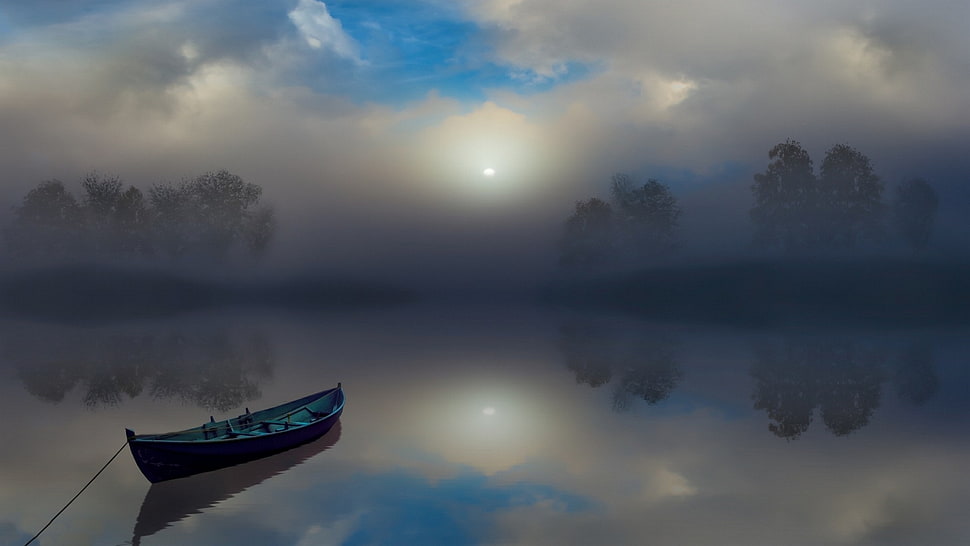 black canoe, nature, landscape, mist, calm HD wallpaper
