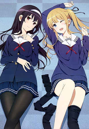 two female anime characters wearing school uniform illustration
